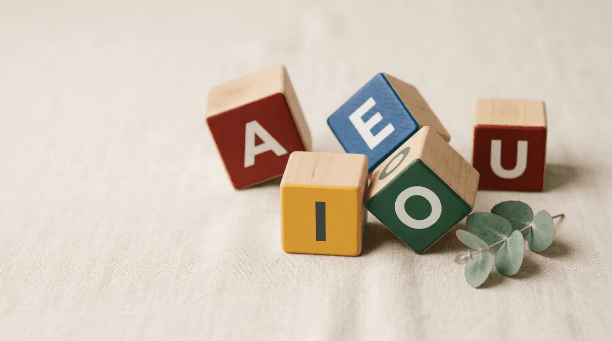 Colourful wooden alphabet blocks spelling AEIOU scattered on linen, representing the collapse of AEIOU Foundation