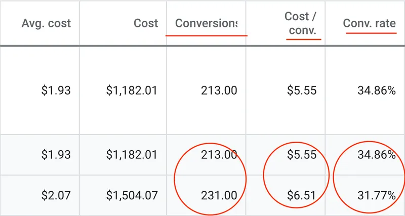 Google Ads performance table showing 213 conversions at $5.55 cost per conversion and 34.86% conversion rate