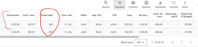 Google Ads screenshot for an allied health group: 1,293 conversions at $62.87 each