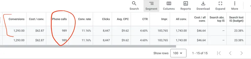 Google Ads dashboard showing 1,293 conversions, 989 phone calls, and 11.16% conversion rate for a healthcare practice