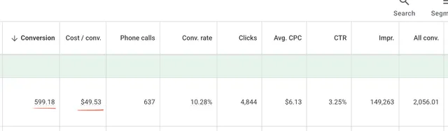 Google Ads screenshot for a behaviour therapy clinic: 599 conversions at $49.53 each