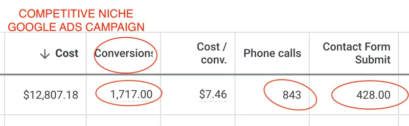 Google Ads table showing 1,717 conversions at $7.46 per conversion with 843 phone calls and 428 form submissions