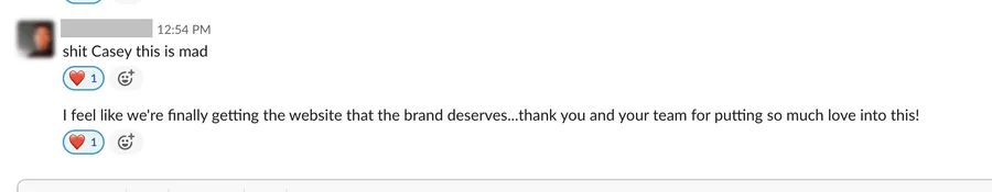 Slack message from a client expressing excitement about their new website and thanking the team