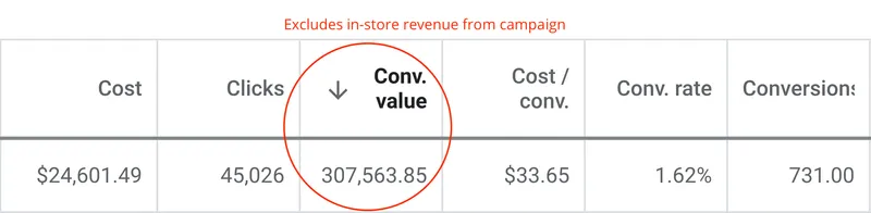 Google Ads performance table showing $307,563.85 in conversion value from $24,601.49 in spend with 731 conversions