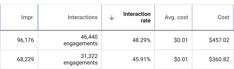 Google Ads display campaign table showing 48.29% interaction rate with 46,440 engagements from 96,176 impressions