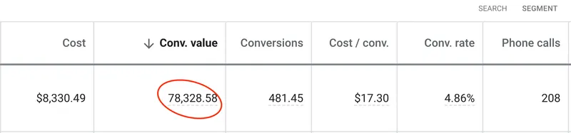 Google Ads table showing $78,328.58 in conversion value and 481 conversions from $8,330.49 in spend