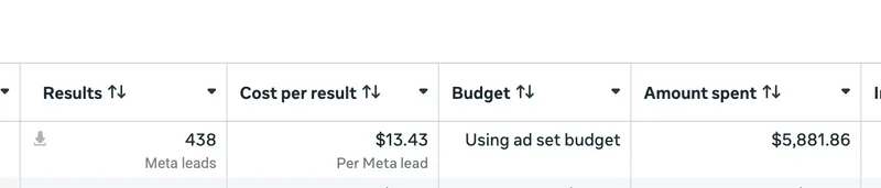 Meta Ads Manager results showing 438 leads at $13.43 per lead from $5,881.86 in ad spend for a healthcare client