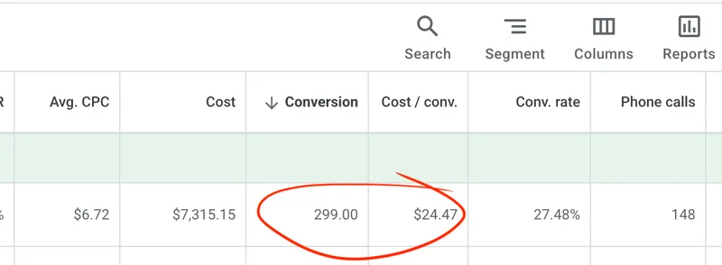 Google Ads performance showing 299 conversions at $24.47 per conversion with 27.48% conversion rate and 148 phone calls