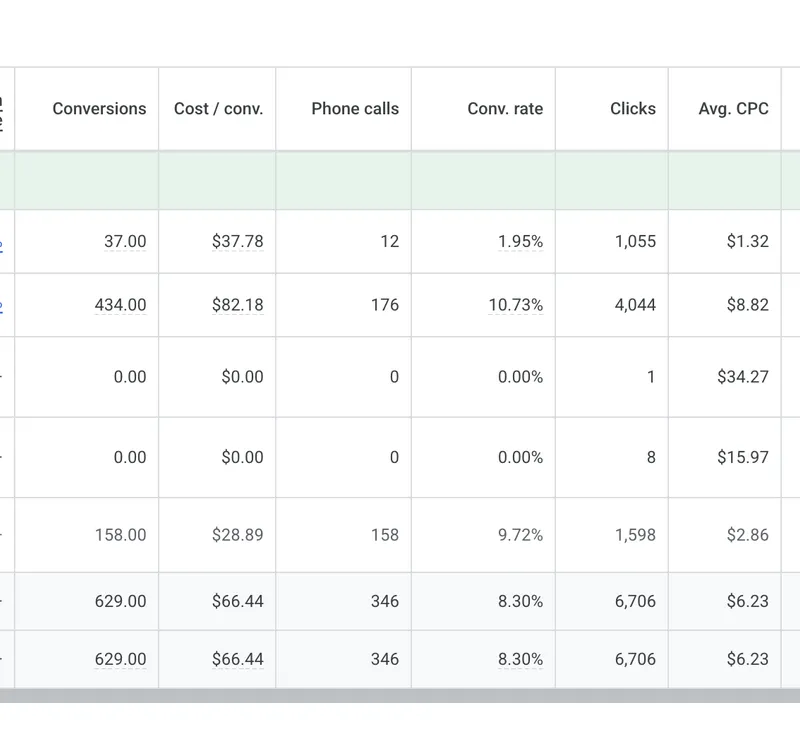 Google Ads results showing 629 conversions and 346 phone calls for a healthcare practice with 10.73% conversion rate