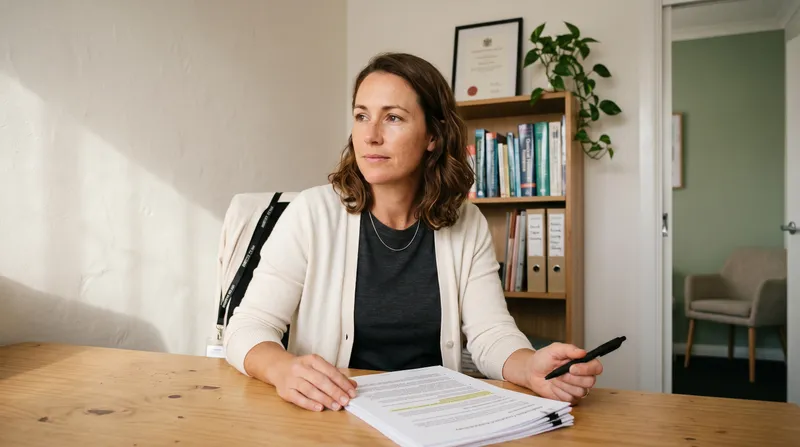 Australian allied health practice owner seated at a timber desk reviewing a stack of highlighted regulatory paperwork, pausing mid-read with a thoughtful expression — a clinic business owner at a decision point over NDIS registration reform