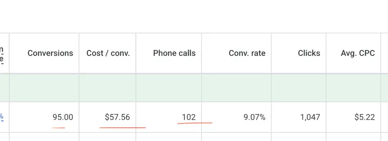 Google Ads results showing 95 conversions and 102 phone calls with 9.07% conversion rate for a healthcare practice